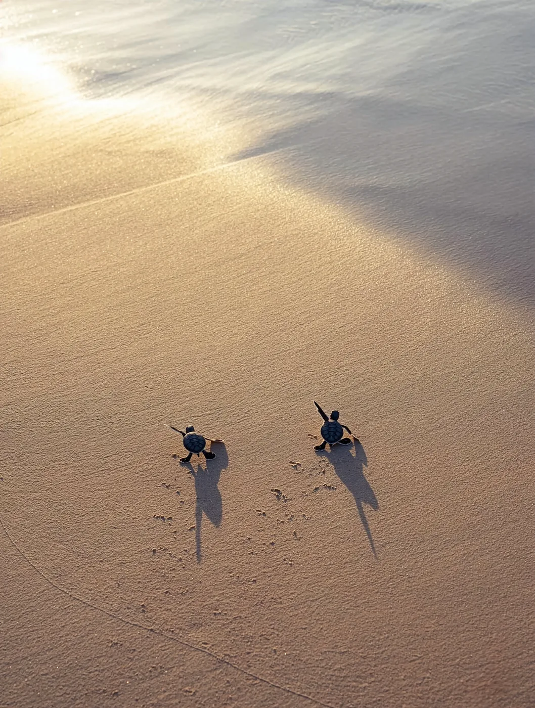 Twee zeeschildpadjes op weg naar zee